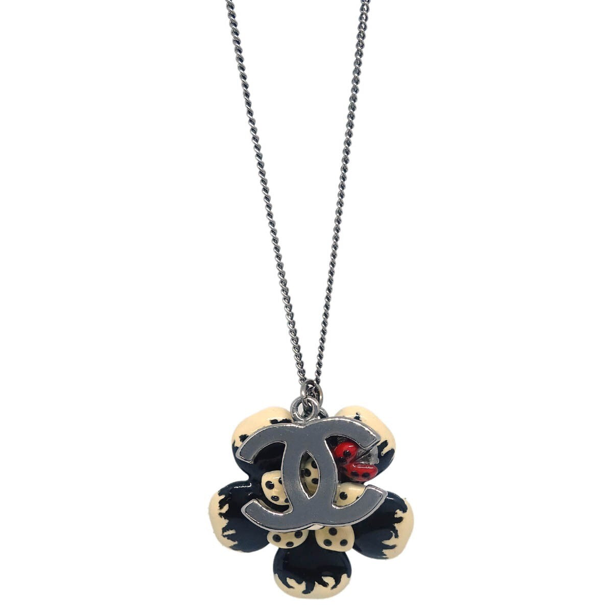 Chanel CC Flower Ladybug Necklace Silver Plated and Acrylic