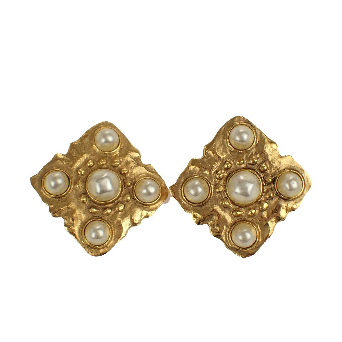 Chanel Vintage CC Diamond Clip-On Earrings Metal and Imitation Pearl