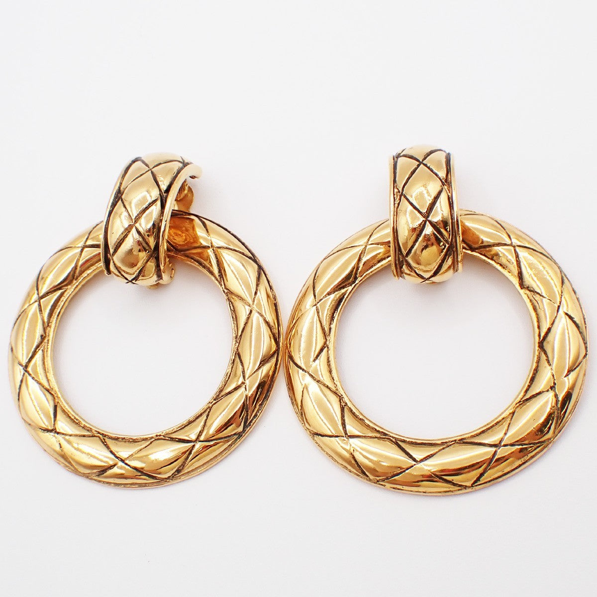 Chanel CC Quilted Hoop Earrings Gold Plated