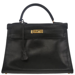 Hermes Kelly Handbag Black Box Calf with Gold Hardware