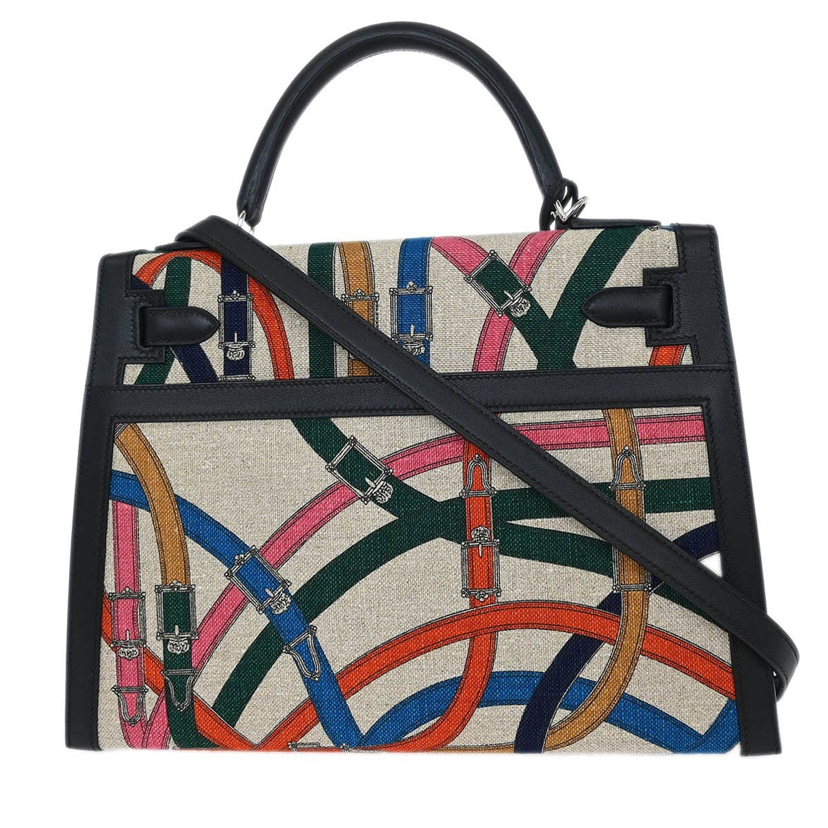 Hermes Kelly Handbag Cavalcadour Toile and Black Swift with Palladium Hardware