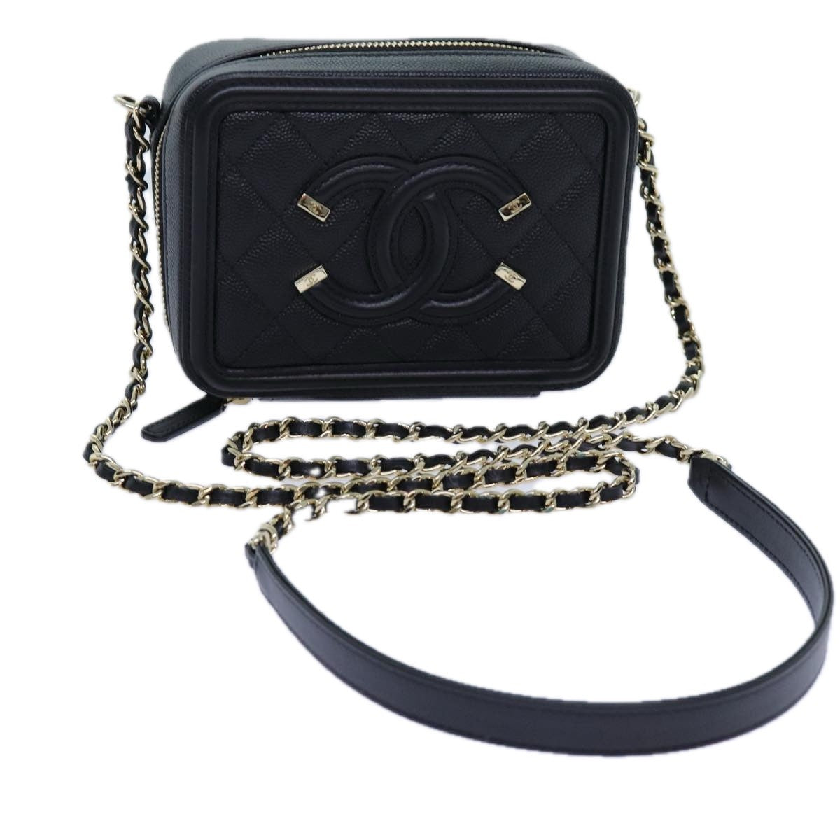 Chanel Filigree Vanity Clutch with Chain Quilted Caviar