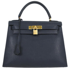 Hermes Kelly Handbag Blue Ardennes with Gold Hardware