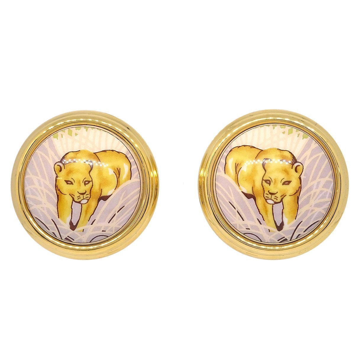 Hermes Vintage Round Clip-On Earrings Printed Enamel and Metal