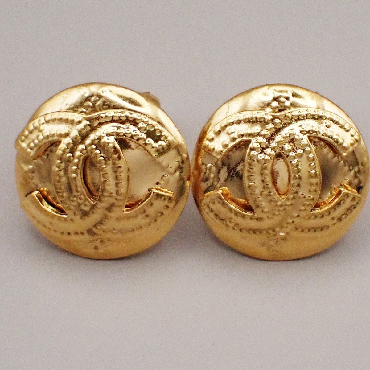 Chanel Vintage CC Logo Round Clip on Earrings Textured Metal