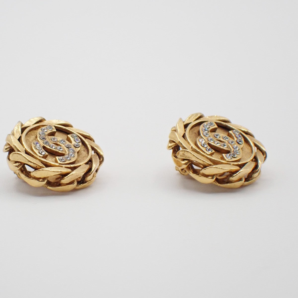 Chanel Vintage CC Round Clip-On Earrings Metal with Crystals