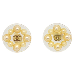 Chanel CC Button Stud Earrings Metal with Faux Pearls and Crystals