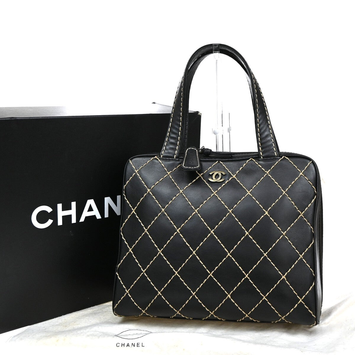 Chanel Surpique Zip Around Satchel Quilted Leather