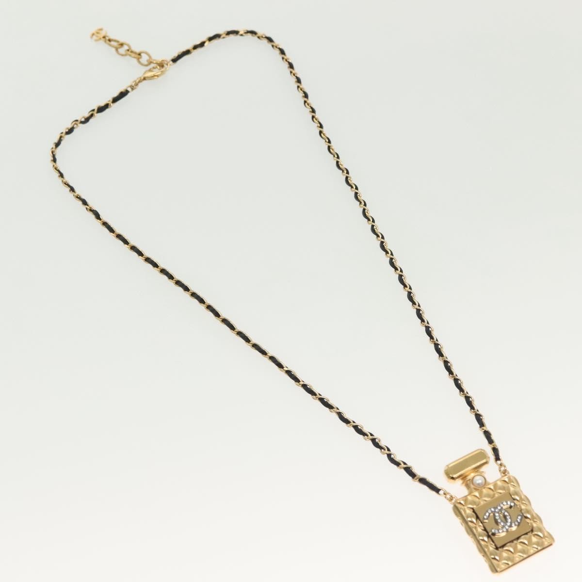 Chanel CC Perfume Bottle Pendant Chain Long Necklace Metal with Leather, Crystals and Faux Pearl