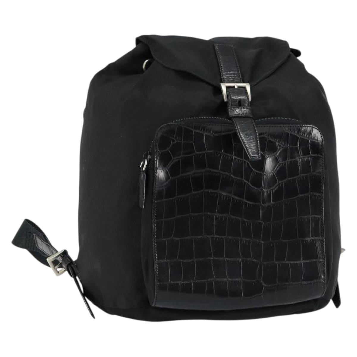 Prada Cinch Buckle Flap Backpack Tessuto with Crocodile Embossed Leather