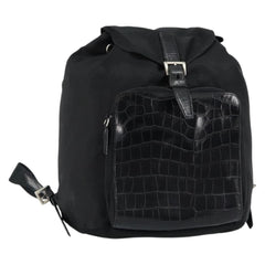 Prada Cinch Buckle Flap Backpack Tessuto with Crocodile Embossed Leather