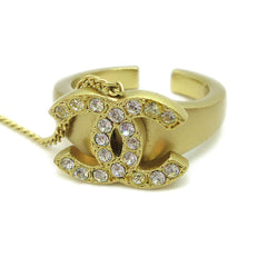 Chanel Logo Bangle with Chain Attached CC Ring Metal with Crystal