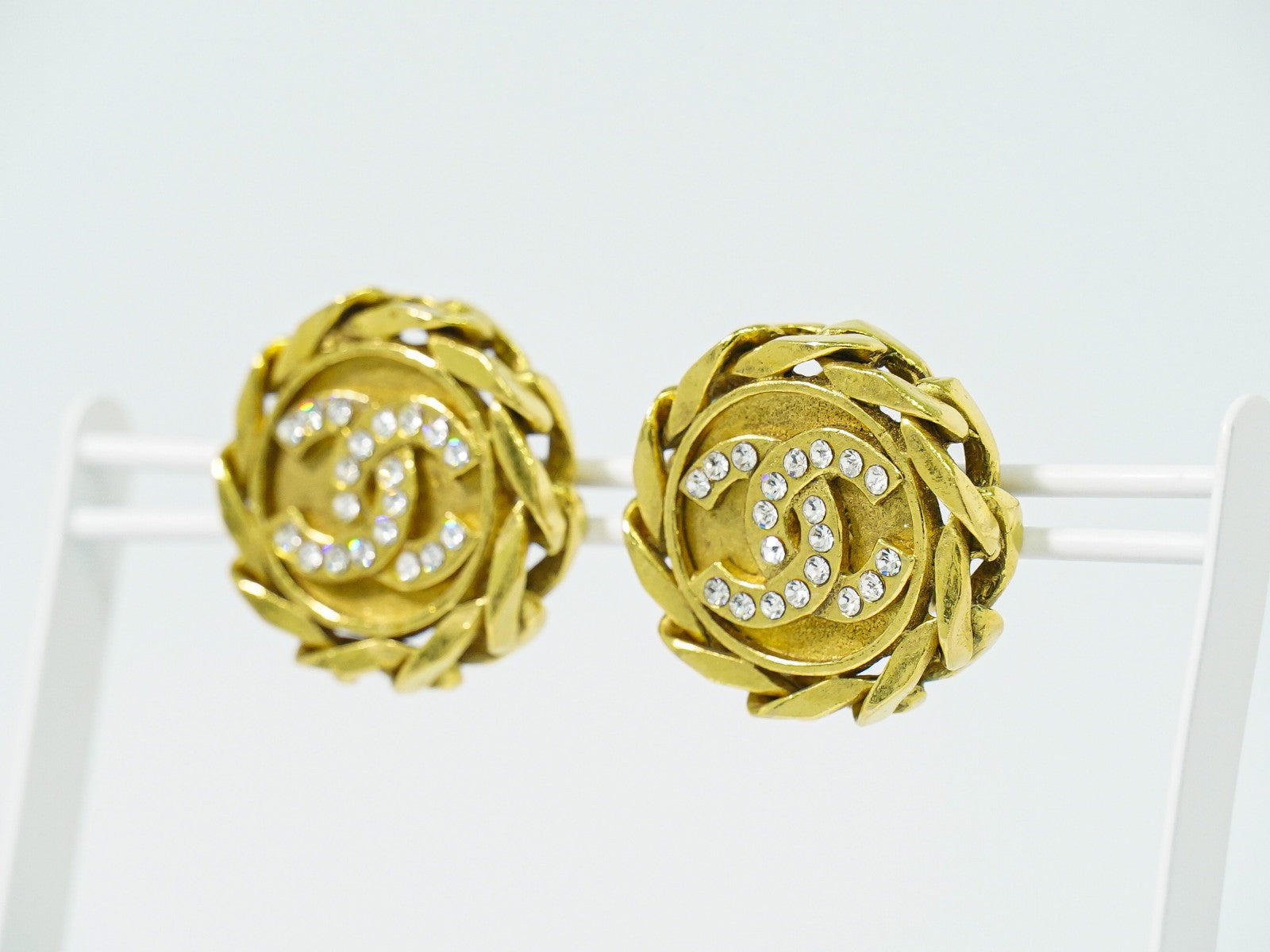 Chanel Vintage CC Round Clip-On Earrings Metal with Crystals