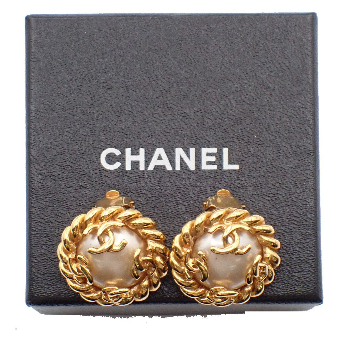 Chanel Vintage Round Clip-On Earrings Metal with Faux Pearl