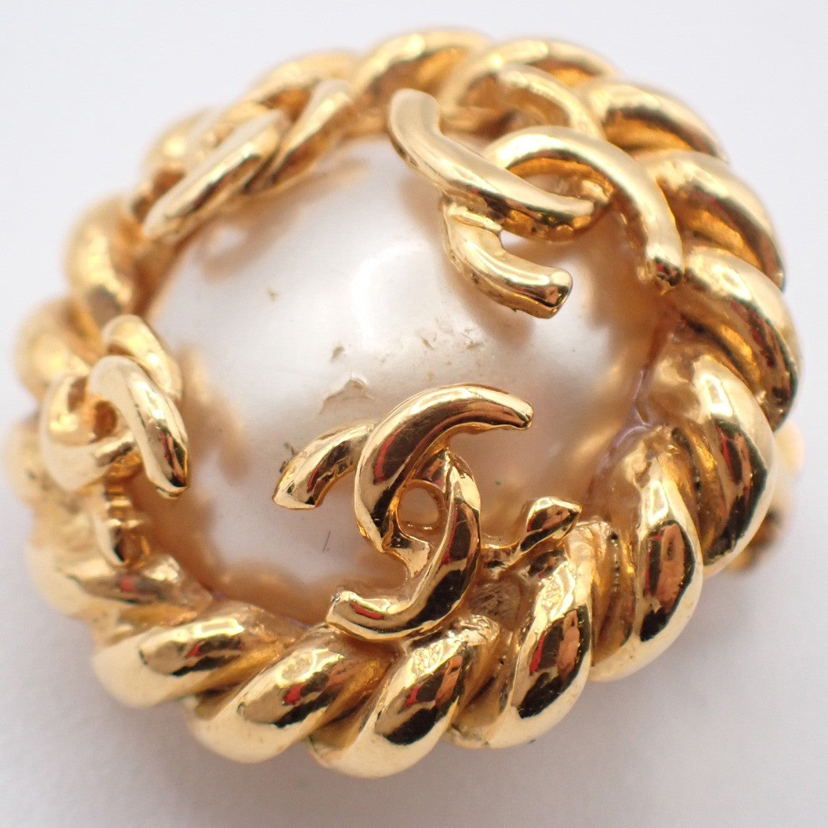 Chanel Vintage Round Clip-On Earrings Metal with Faux Pearl