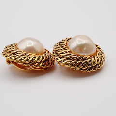 Chanel Vintage Round Chain Clip-On Earrings Metal with Faux Pearl