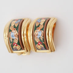 Hermes Vintage Half Hoop Clip-On Earrings Printed Enamel and Metal