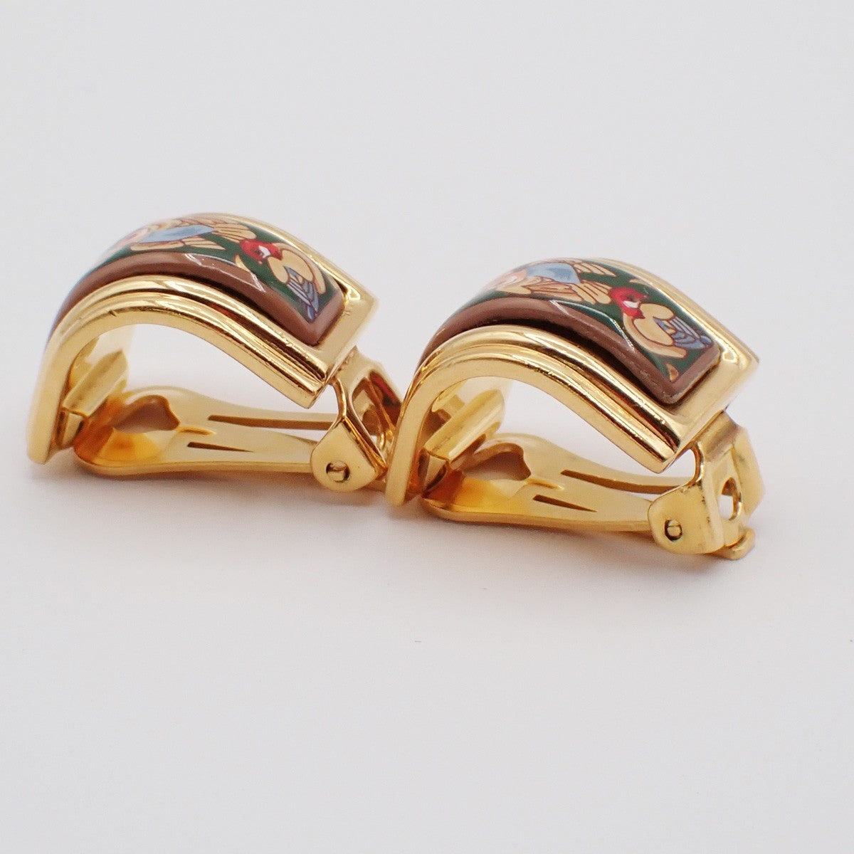 Hermes Vintage Half Hoop Clip-On Earrings Printed Enamel and Metal