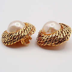 Chanel Vintage Round Chain Clip-On Earrings Metal with Faux Pearl