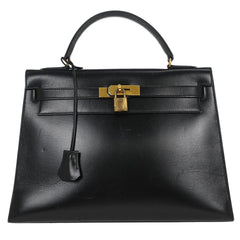 Hermes Kelly Handbag Black Box Calf with Gold Hardware