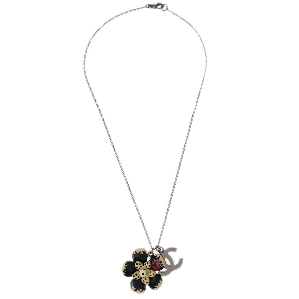 Chanel CC Flower Ladybug Necklace Silver Plated and Acrylic