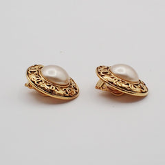Chanel Vintage Round Clip-On Earrings Metal with Faux Pearl