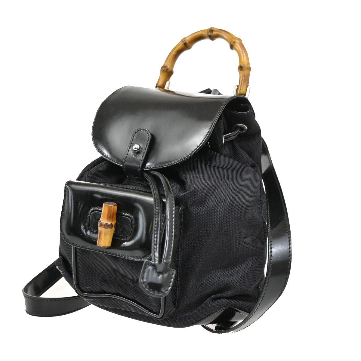 Gucci Vintage Bamboo Backpack Nylon and Patent Leather