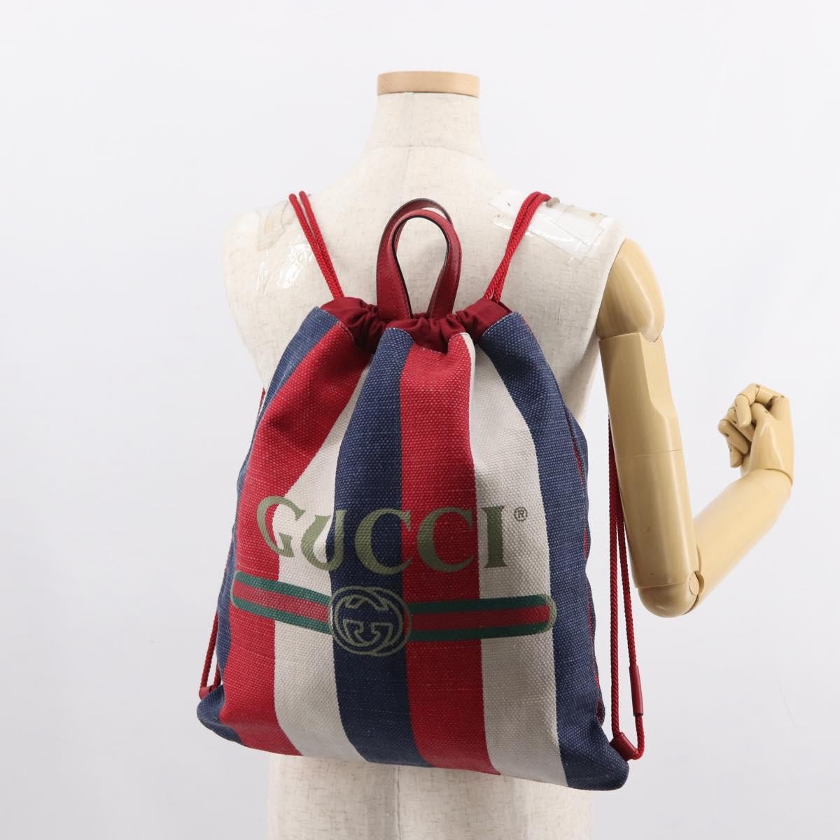 Gucci Logo Drawstring Backpack Striped Canvas