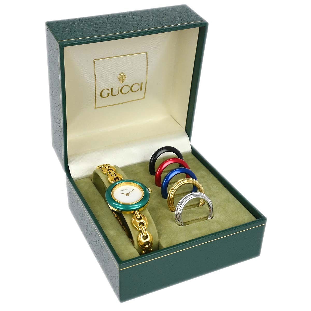 Gucci 1100 Interchangeable Bezel Bangle Quartz Watch Plated Metal with Plastic