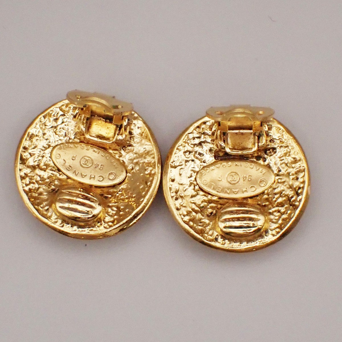 Chanel Vintage CC Logo Round Clip on Earrings Textured Metal