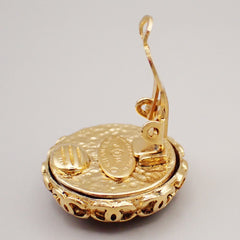Chanel Vintage CC Round Button Clip-On Earrings Metal and Wood