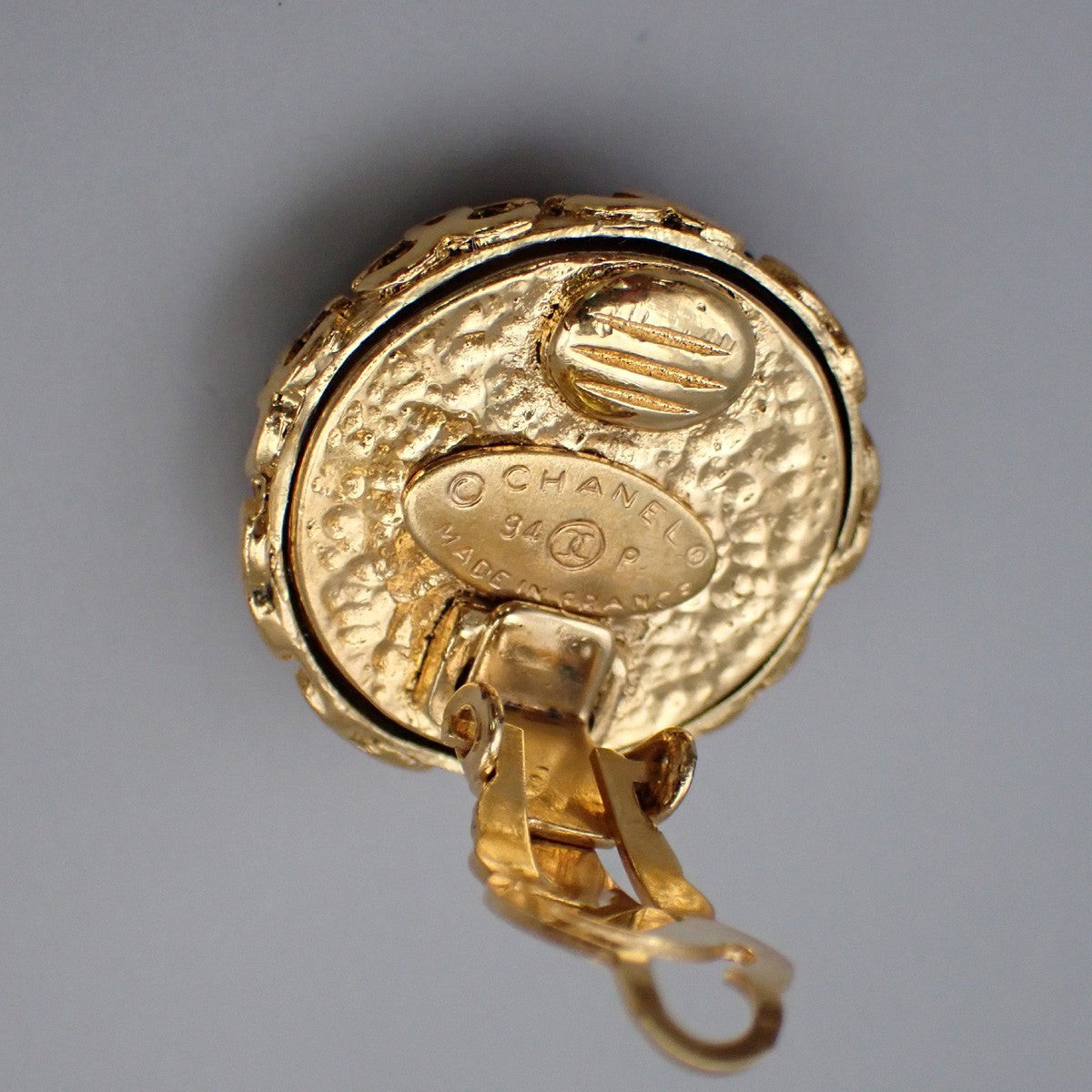 Chanel Vintage CC Round Button Clip-On Earrings Metal and Wood