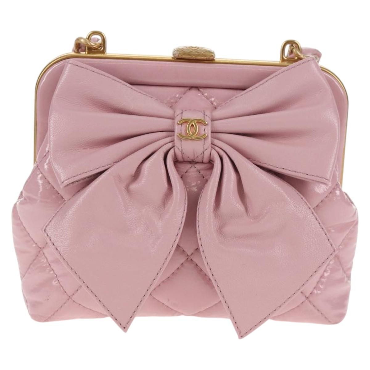 Chanel Bow Frame Clutch With Chain Quilted Patent with Lambskin