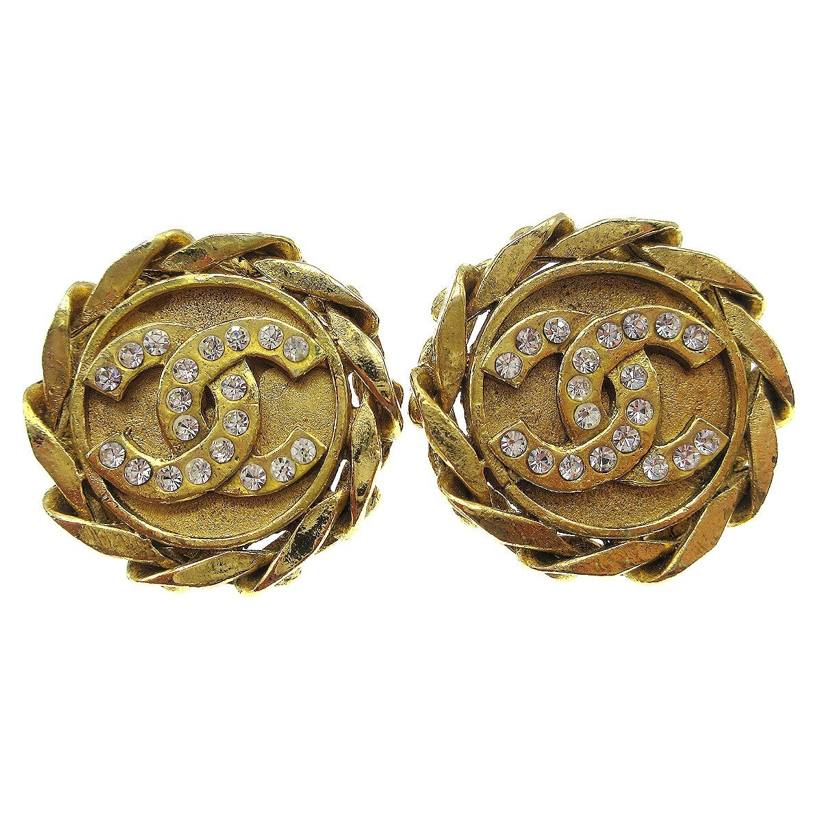 Chanel Vintage CC Round Clip-On Earrings Metal with Crystals