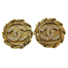 Chanel Vintage CC Round Clip-On Earrings Metal with Crystals