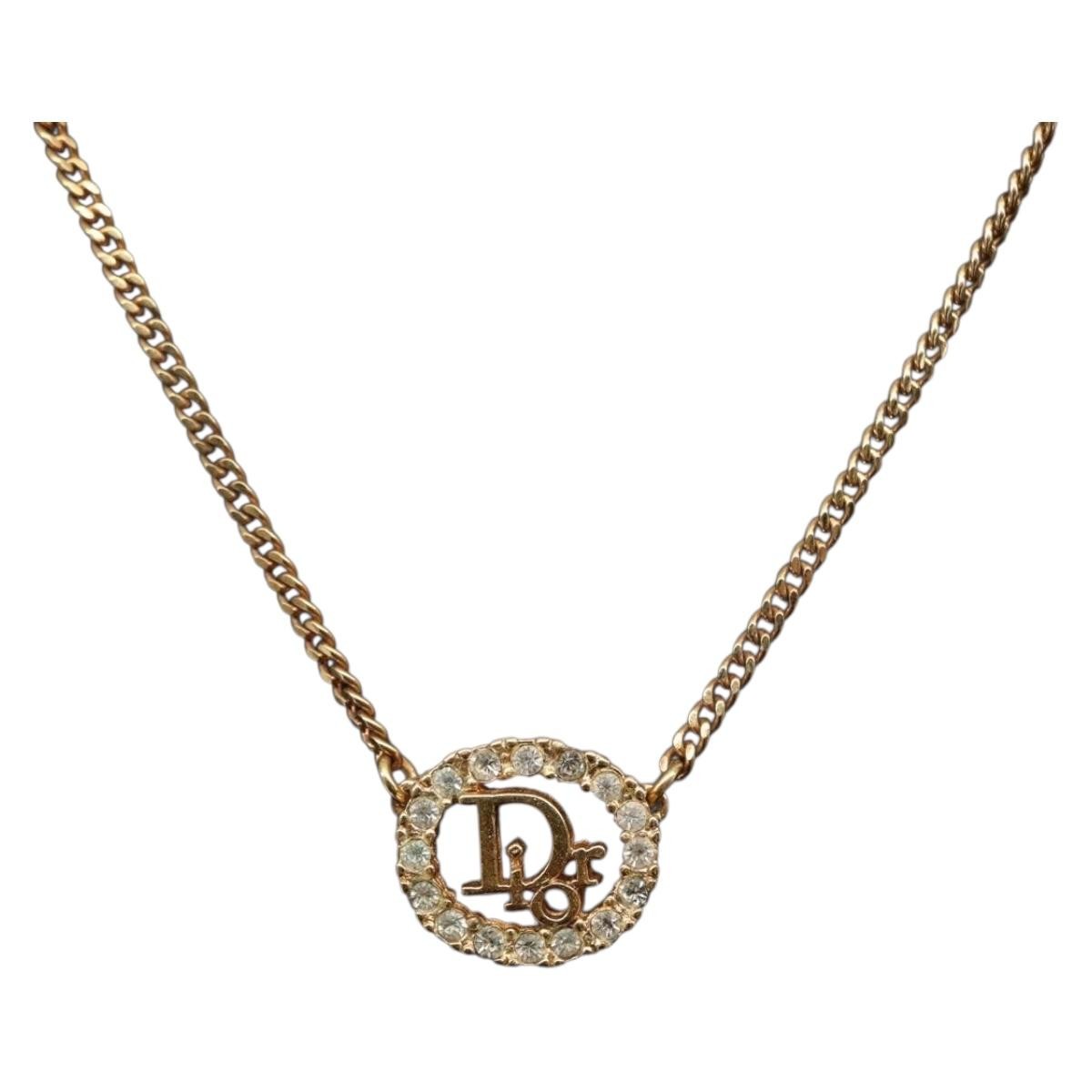 Christian Dior Vintage Logo Round Pendant Necklace Metal and Crystals