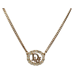 Christian Dior Vintage Logo Round Pendant Necklace Metal and Crystals