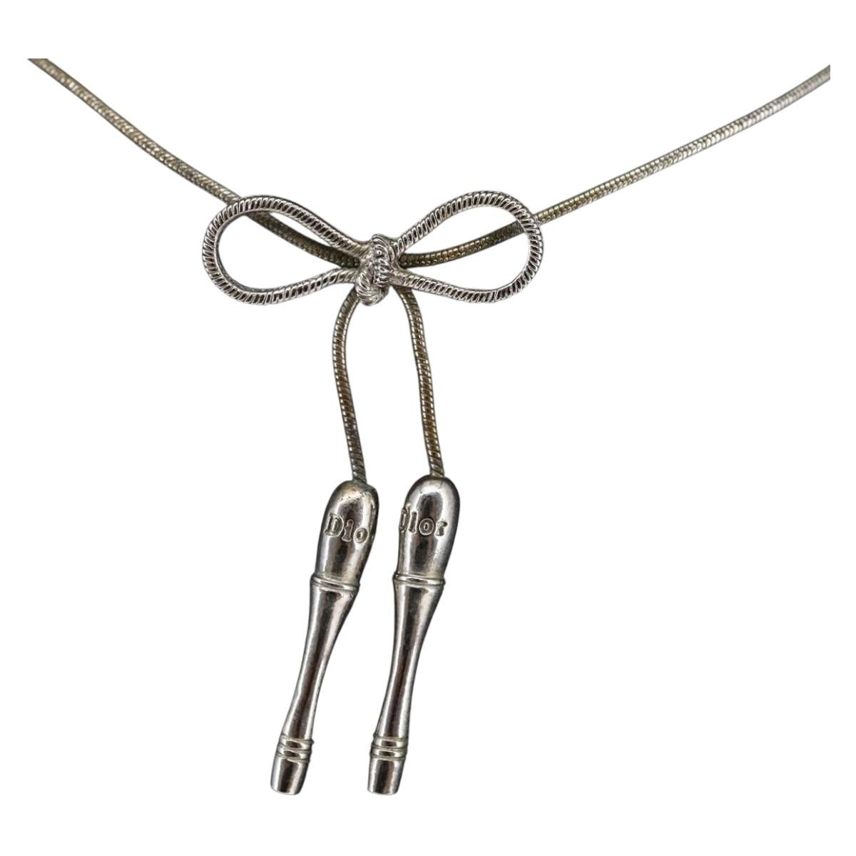 Christian Dior Bow CD Pendant Necklace Metal with Crystal