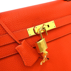 Hermes Kelly Handbag Orange Clemence with Gold Hardware
