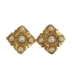 Chanel Vintage CC Diamond Clip-On Earrings Metal and Imitation Pearl
