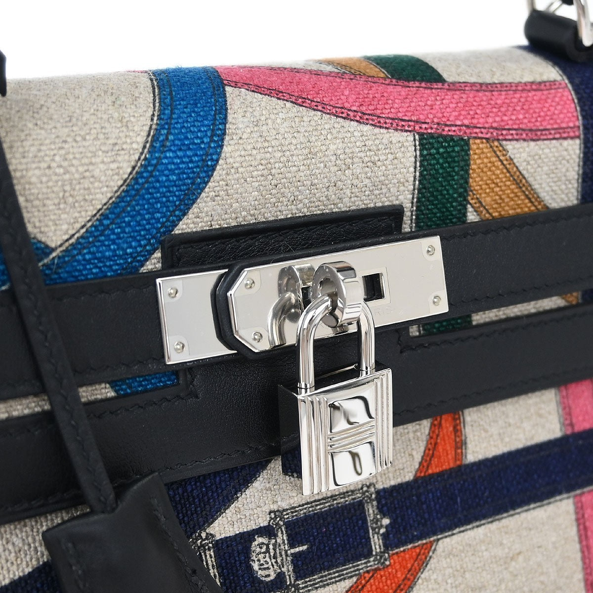 Hermes Kelly Handbag Cavalcadour Toile and Black Swift with Palladium Hardware