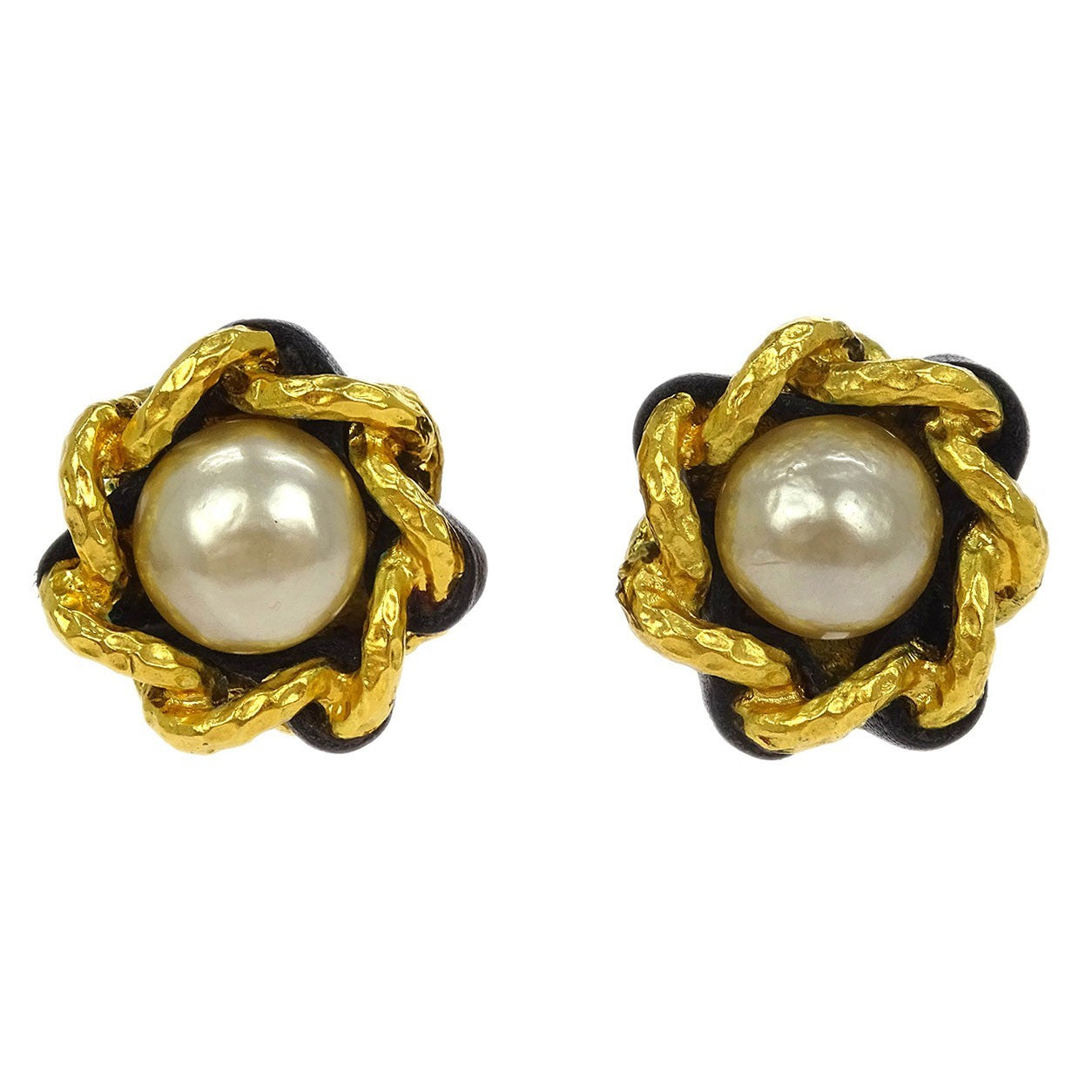 Chanel Vintage Round Clip-On Earrings Metal with Faux Pearl