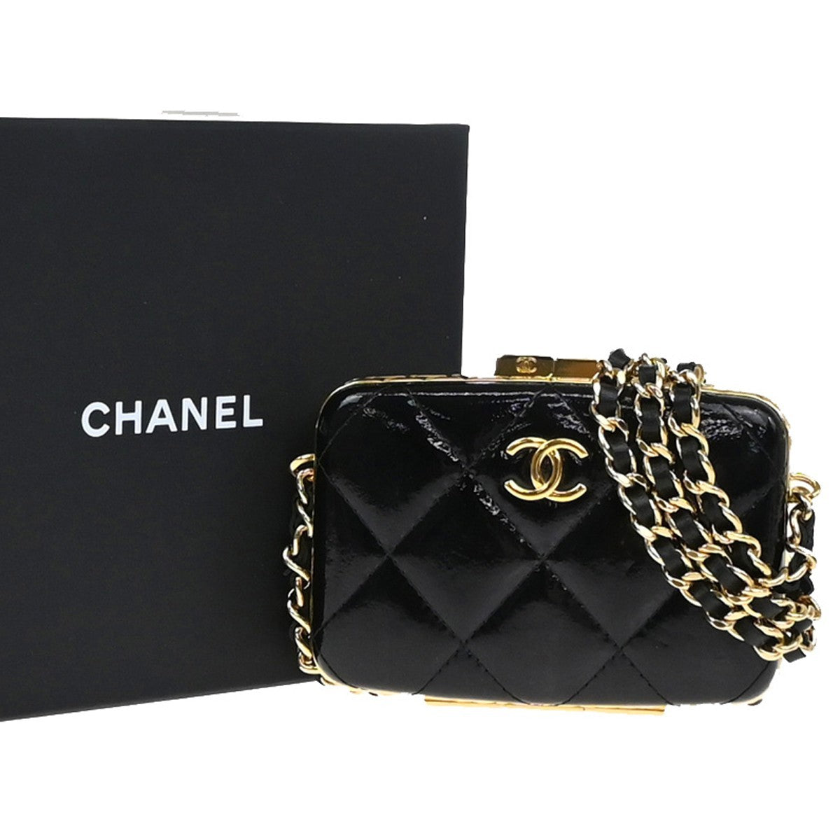Chanel Framed Box Clutch with Chain Quilted Patent