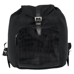 Prada Cinch Buckle Flap Backpack Tessuto with Crocodile Embossed Leather