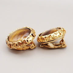 Chanel Vintage CC Round Button Clip-On Earrings Metal and Wood