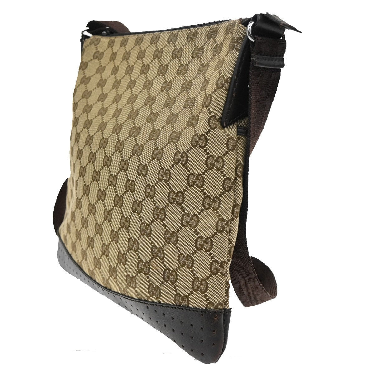 Gucci Zip Messenger Bag GG Canvas with Perforated Leather