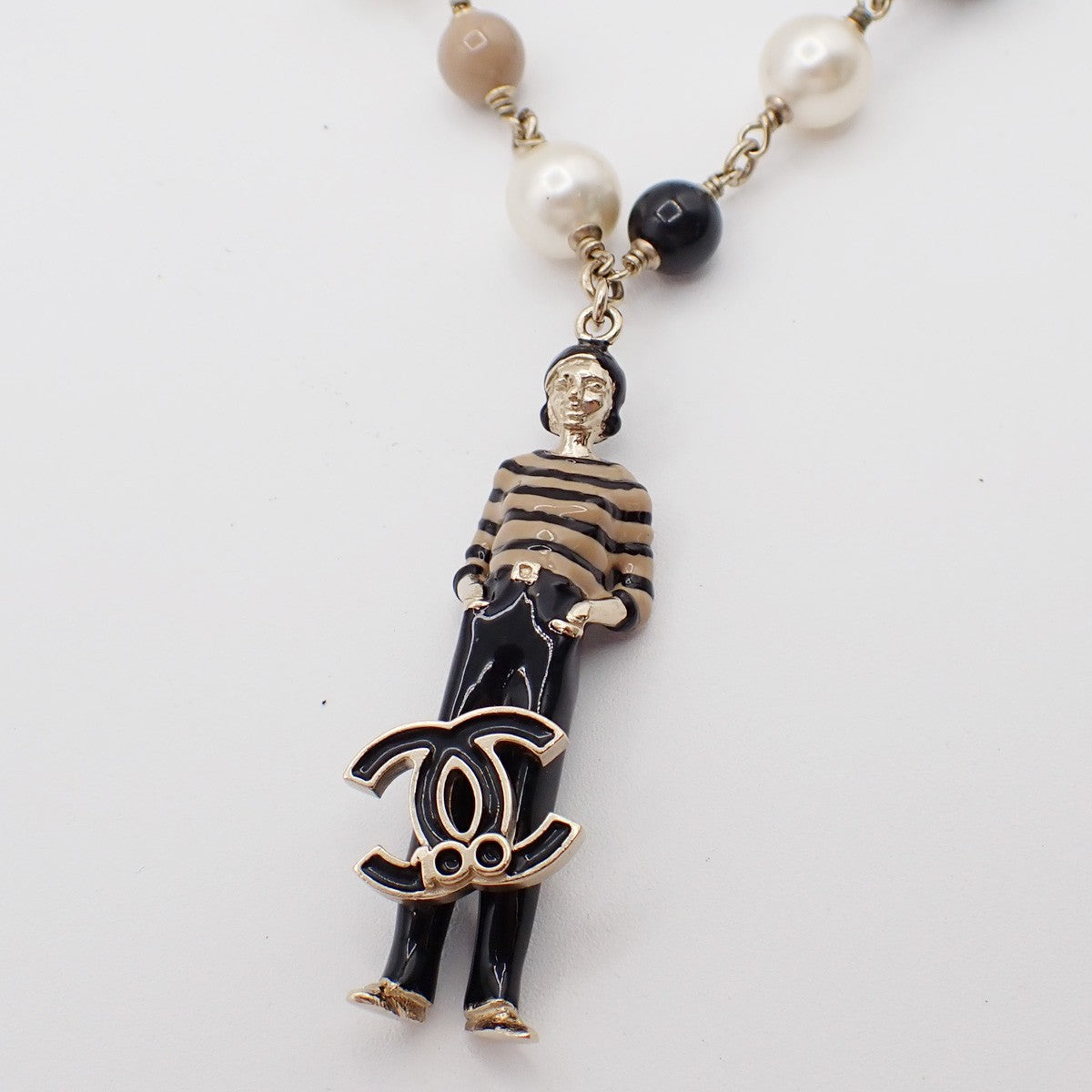 Chanel CC Coco Mademoiselle Figurine Pendant Necklace Metal with Faux Pearl and Enamel