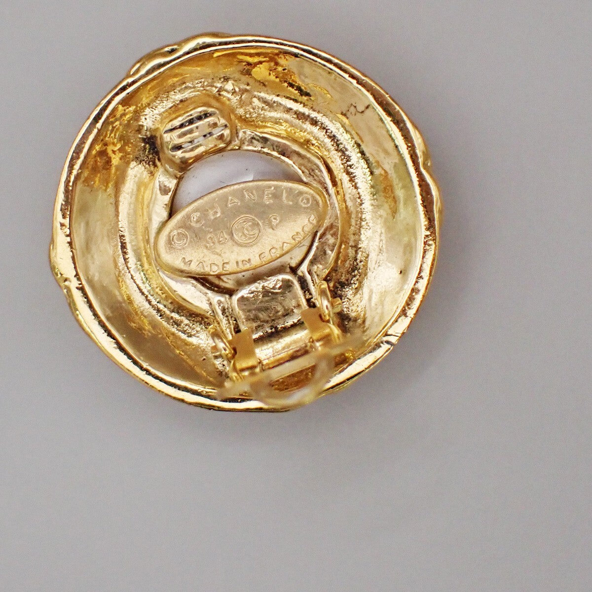 Chanel Vintage Round Clip-On Earrings Metal with Faux Pearl