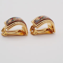 Hermes Vintage Half Hoop Clip-On Earrings Printed Enamel and Metal