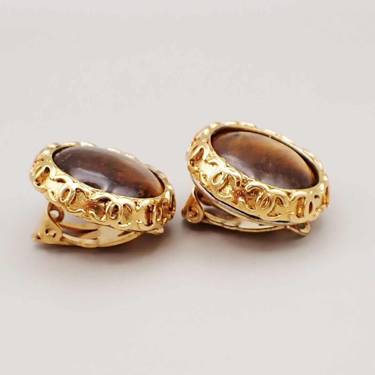 Chanel Vintage CC Round Button Clip-On Earrings Metal and Wood